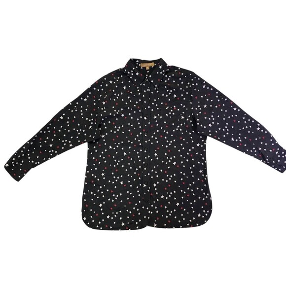 Ellen Tracy Shirt Womens Medium Black w/Red White Stars Print Button Up Roll Tab - Picture 8 of 10